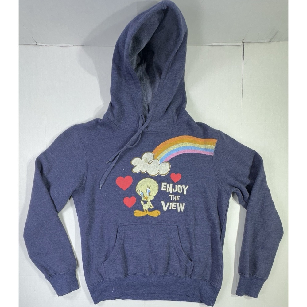 Looney Tunes Tweety Bird Hoodie Women's Large Blue Rainbow Hearts